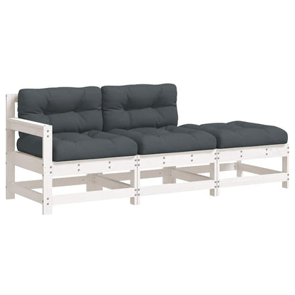 3-Tlg. Garten-Lounge-Set Mit Kissen Weiß Massivholz