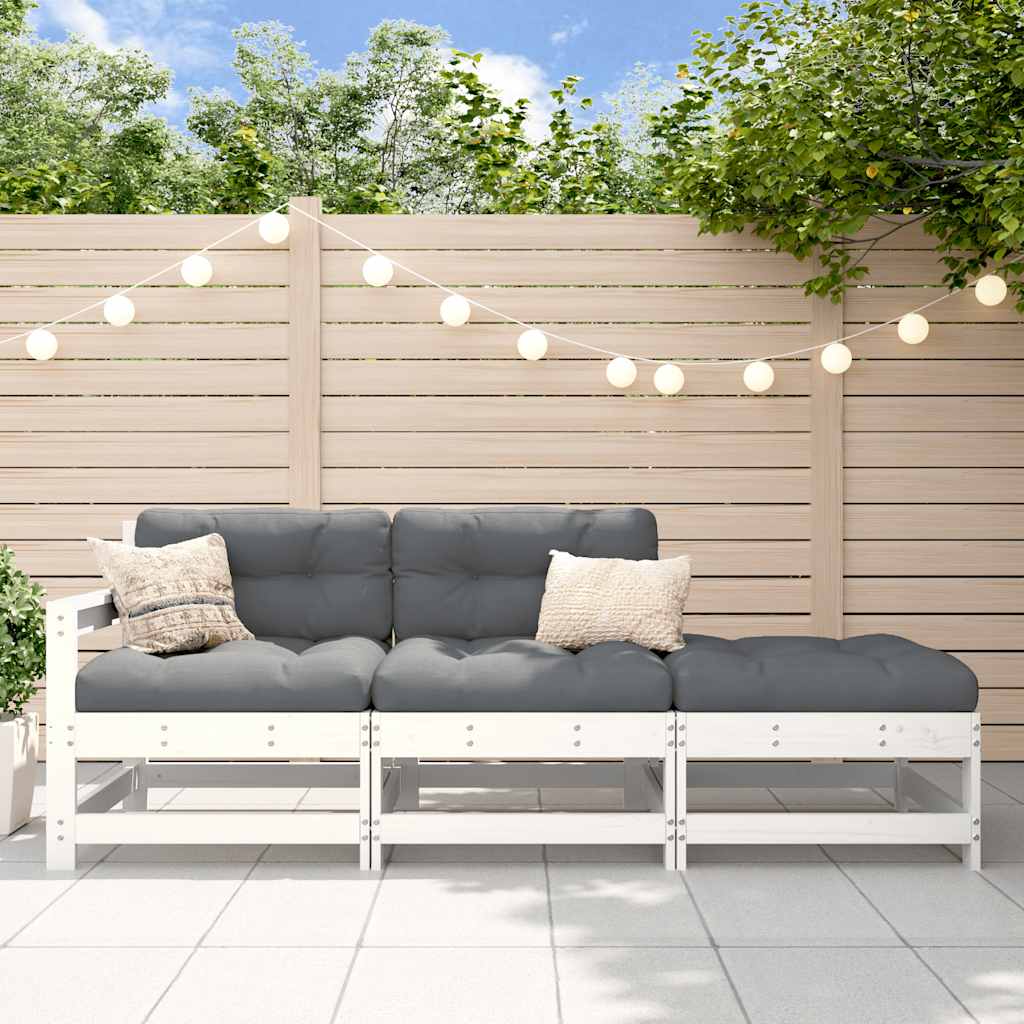 3-Tlg. Garten-Lounge-Set Mit Kissen Weiß Massivholz