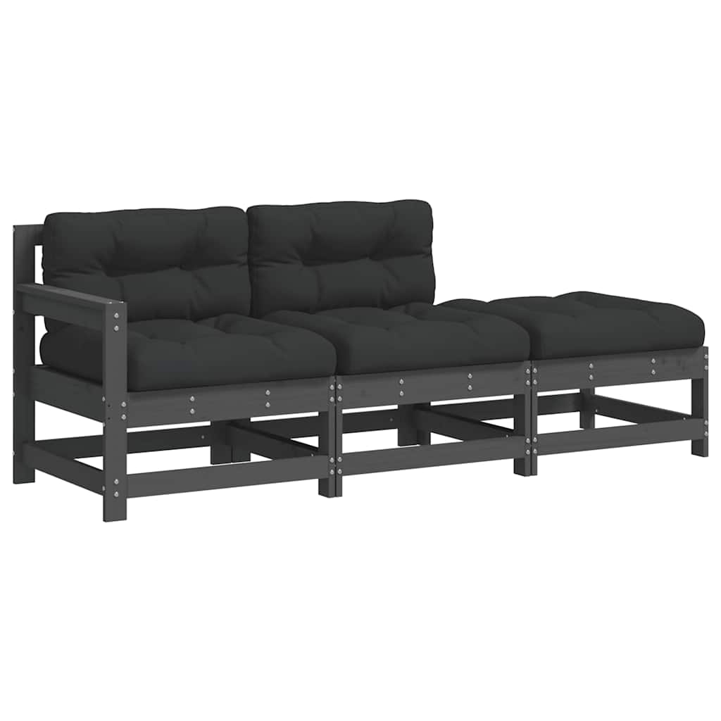 3-Tlg. Garten-Lounge-Set Mit Kissen Grau Massivholz
