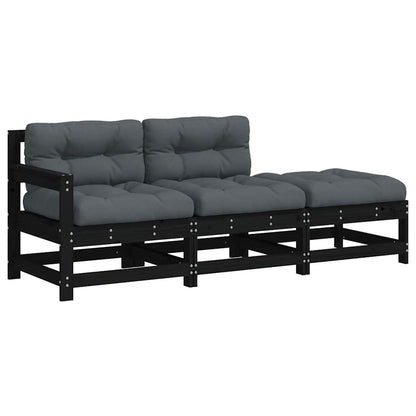 3-Tlg. Garten-Lounge-Set Mit Kissen Schwarz Massivholz