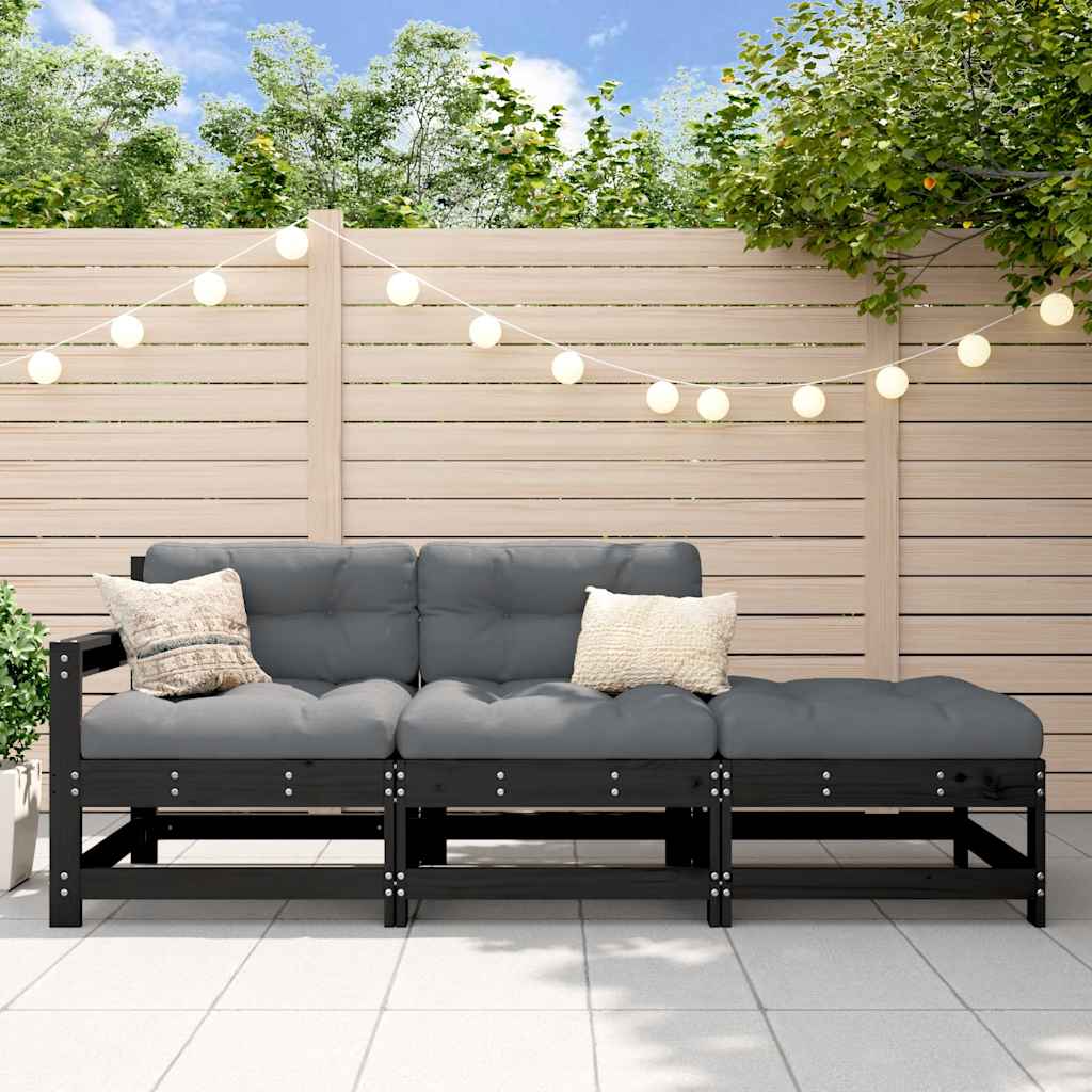 3-Tlg. Garten-Lounge-Set Mit Kissen Schwarz Massivholz