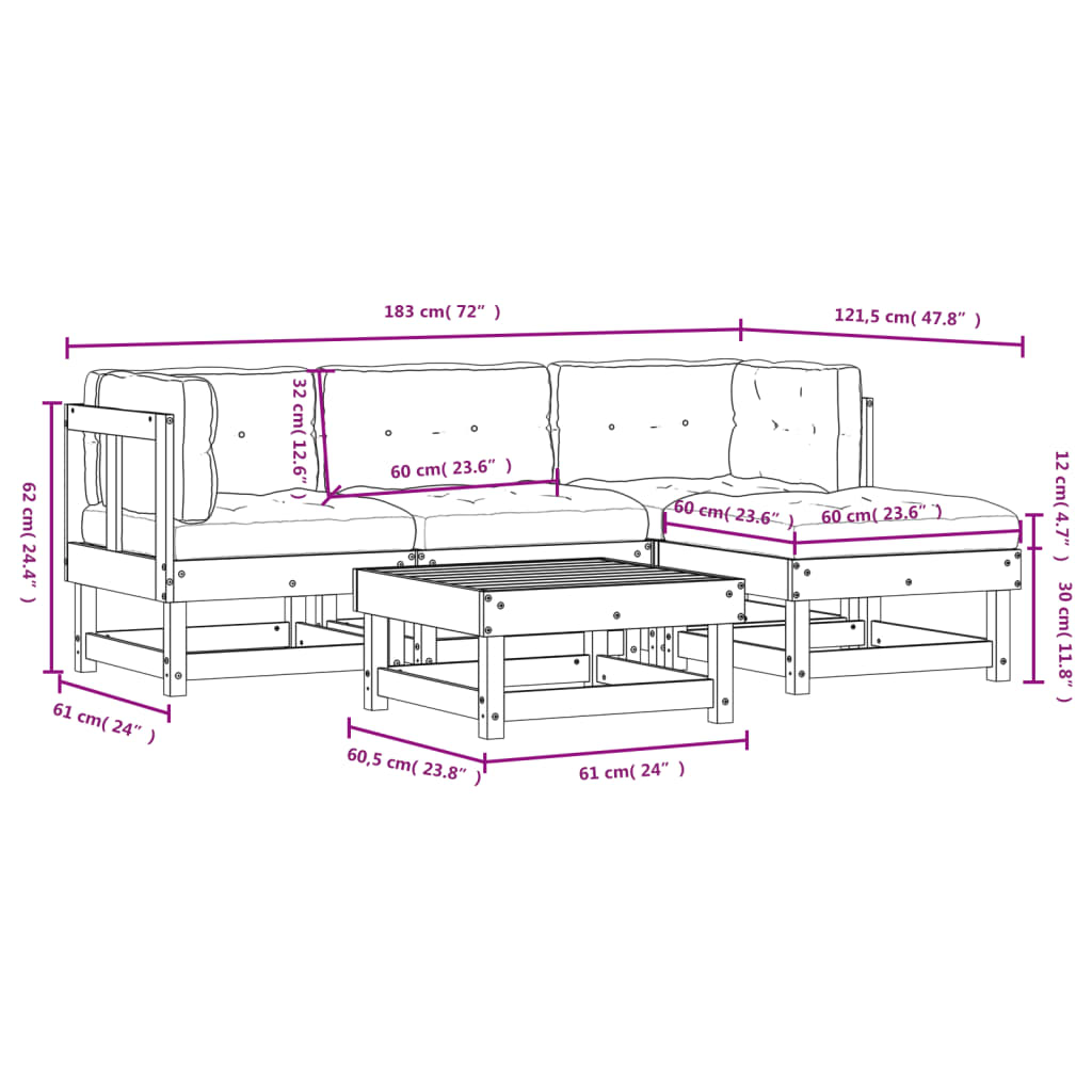 5-Tlg. Garten-Lounge-Set Mit Kissen Massivholz