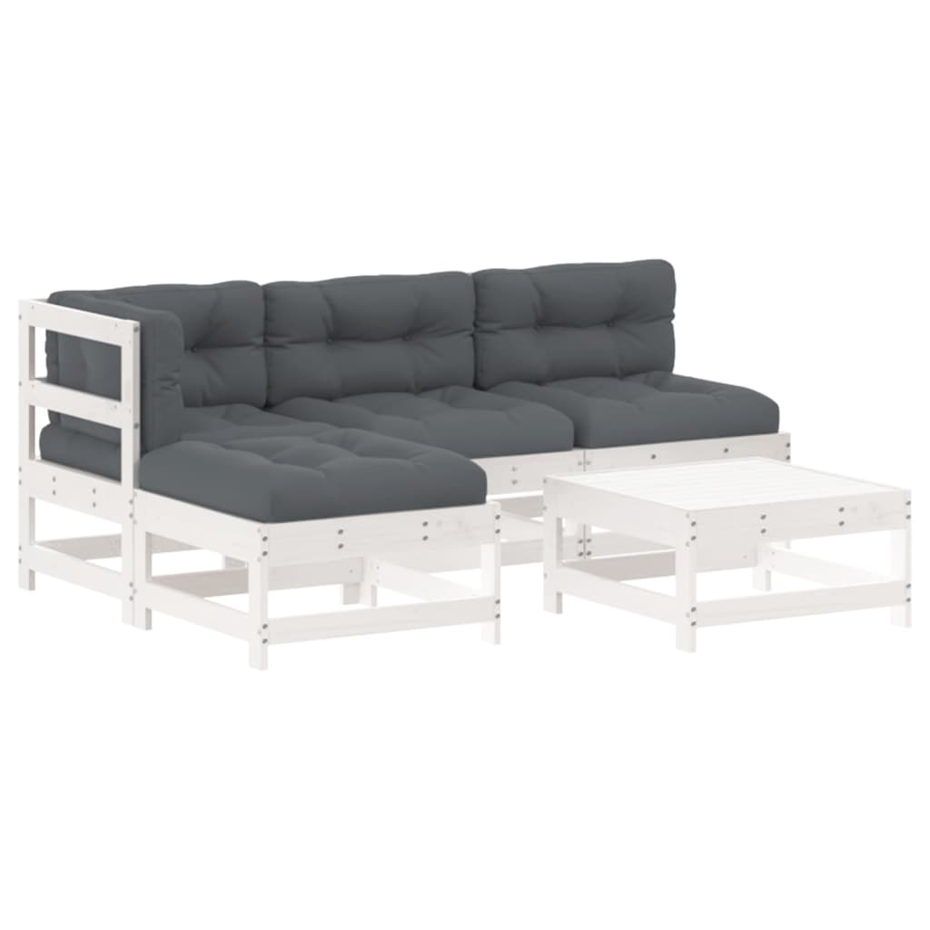 5-Tlg. Garten-Lounge-Set Mit Kissen Weiß Massivholz