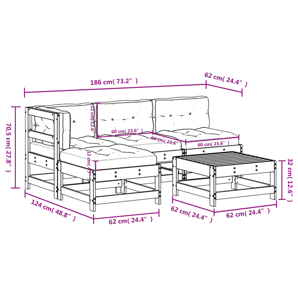 5-Tlg. Garten-Lounge-Set Mit Kissen Weiß Massivholz