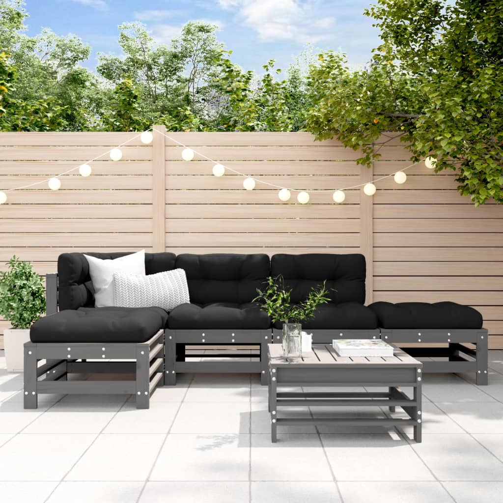 6-Tlg. Garten-Lounge-Set Grau Massivholz Kiefer