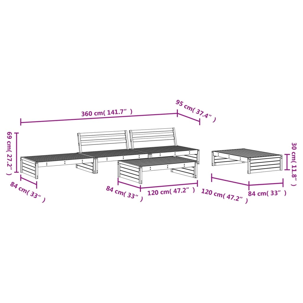 5-Tlg. Garten-Lounge-Set Massivholz Kiefer