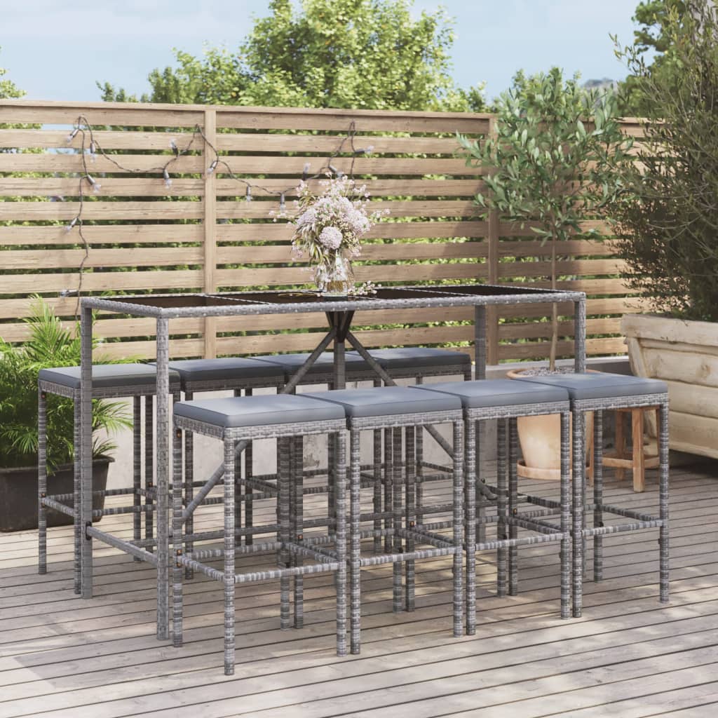 9-Tlg. Gartenbar-Set Mit Kissen Poly Rattan