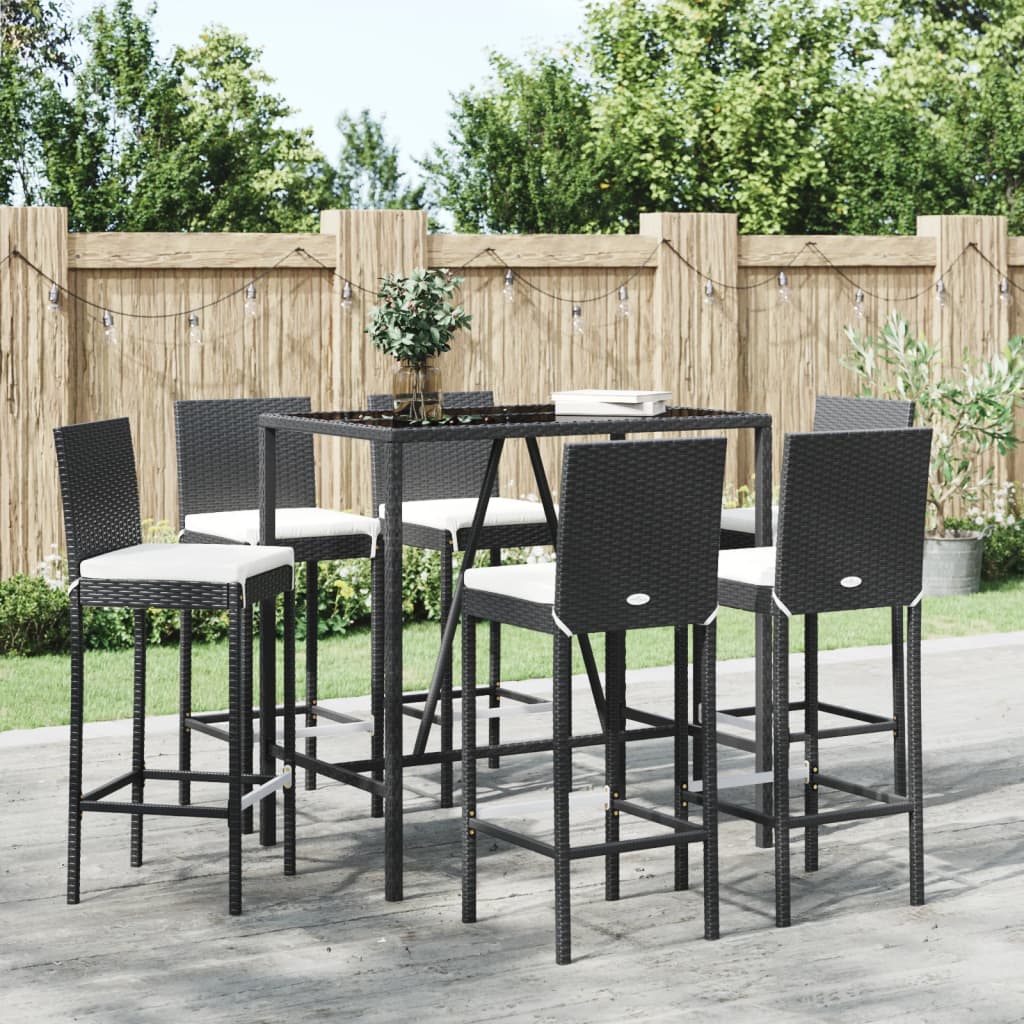 7-Tlg. Gartenbar-Set Mit Kissen Schwarz Poly Rattan