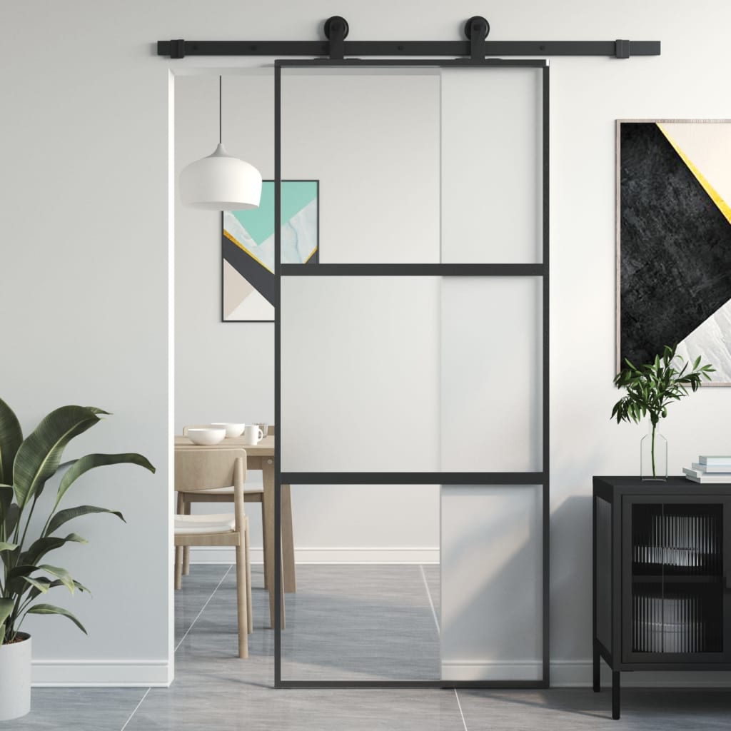 Schiebetür Schwarz 90X205 Cm Hartglas Und Aluminium