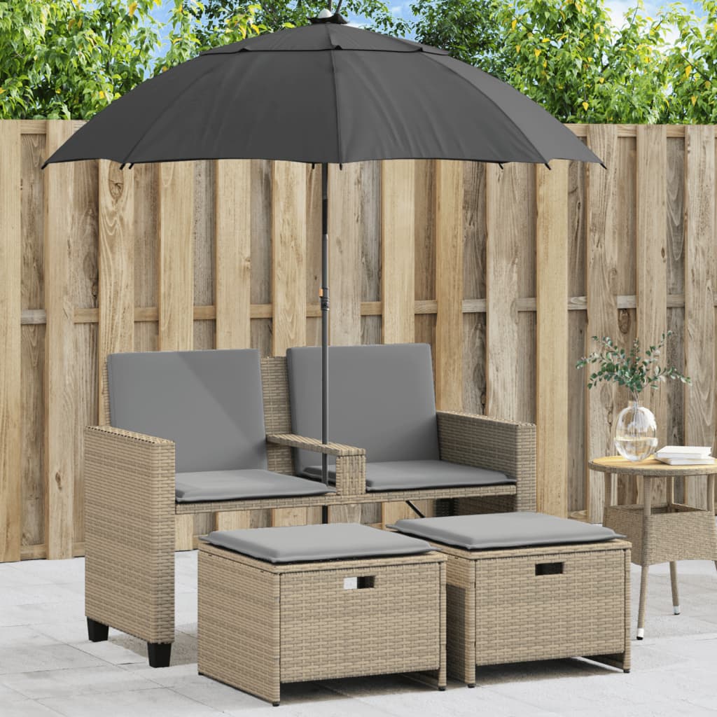 Gartensofa 2-Sitzer Sonnenschirm Und Hocker Polyrattan