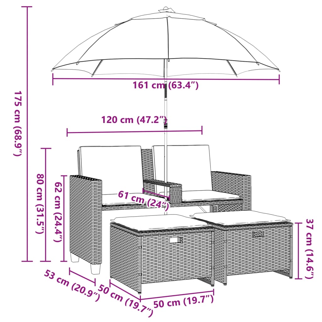 Gartensofa 2-Sitzer Sonnenschirm Und Hocker Polyrattan