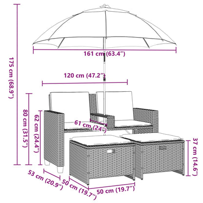 Gartensofa 2-Sitzer Sonnenschirm Und Hocker Polyrattan