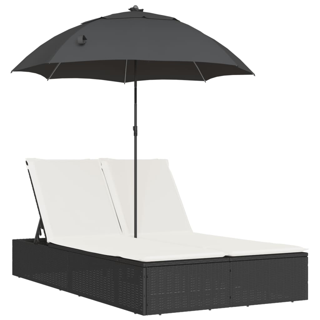 Doppel-Sonnenliege Mit Kissen&Sonnenschirm Poly Rattan
