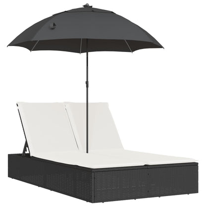 Doppel-Sonnenliege Mit Kissen&Sonnenschirm Poly Rattan