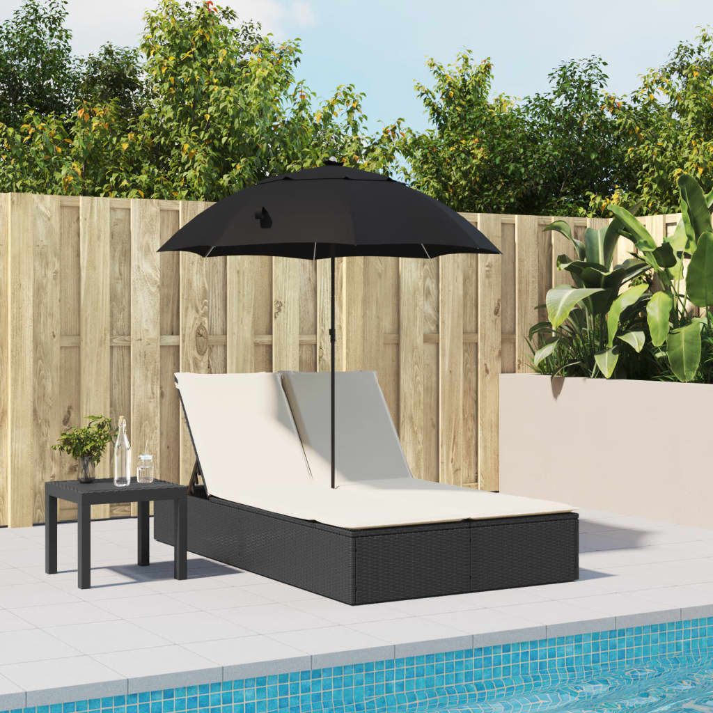 Doppel-Sonnenliege Mit Kissen&Sonnenschirm Poly Rattan