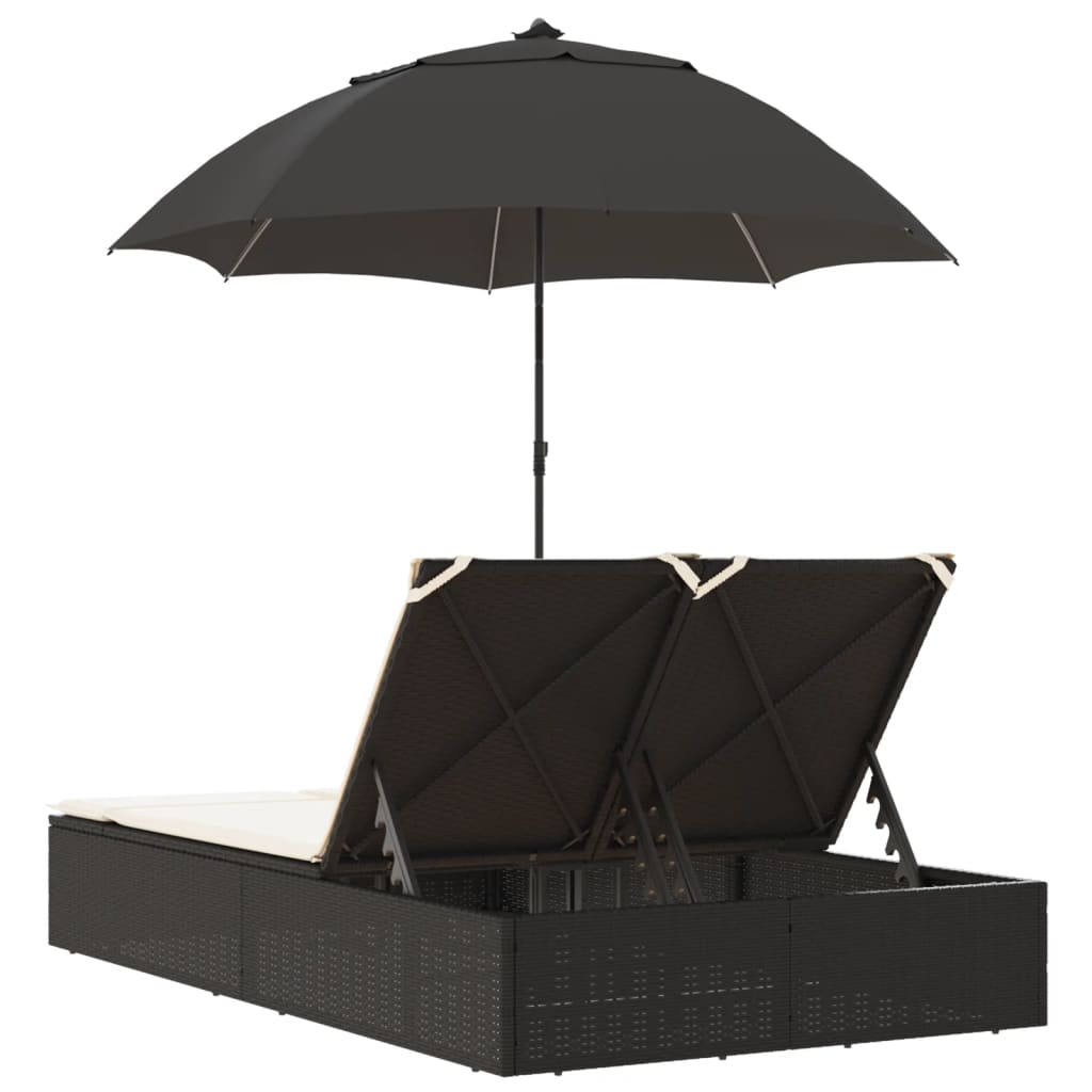 Doppel-Sonnenliege Mit Kissen&Sonnenschirm Poly Rattan