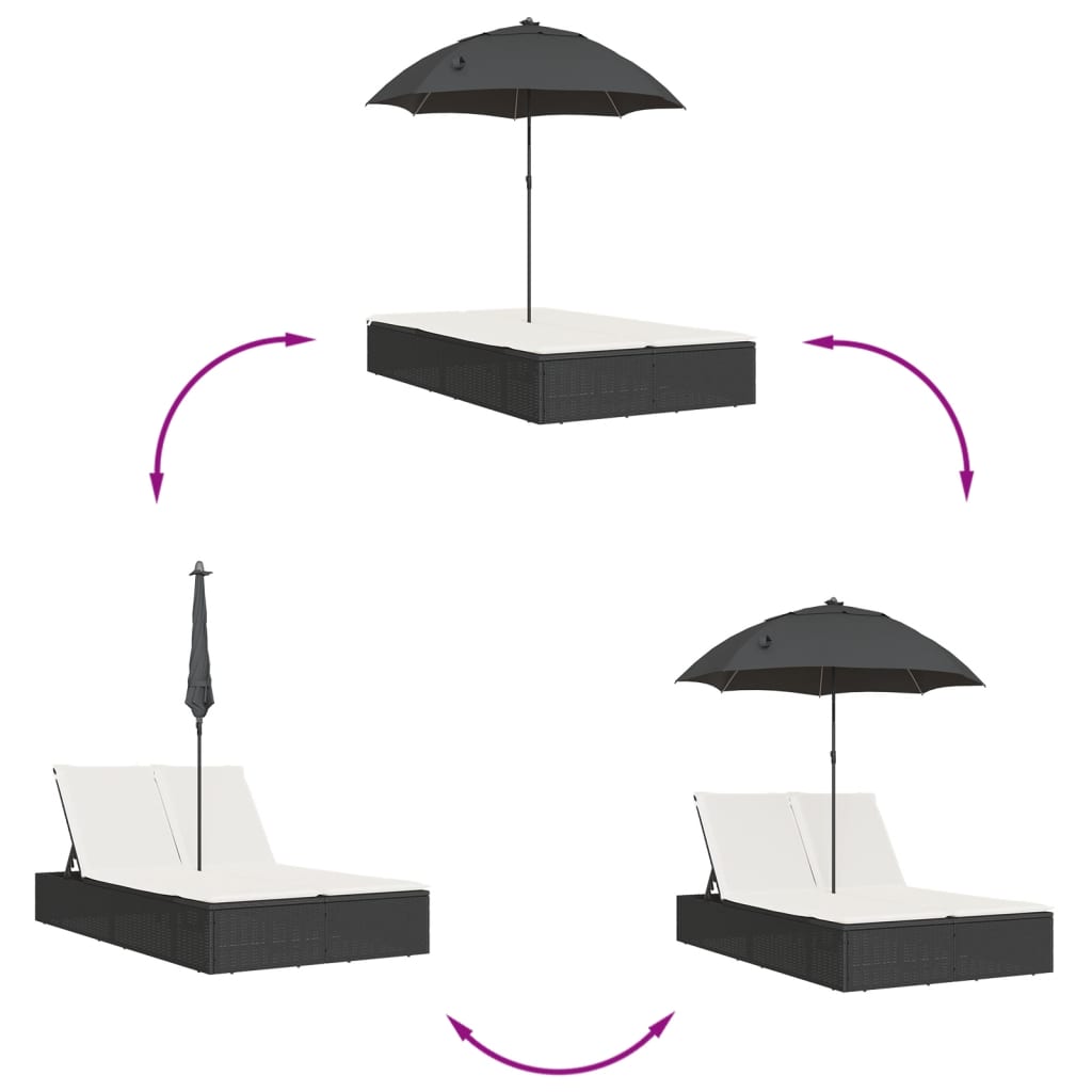 Doppel-Sonnenliege Mit Kissen&Sonnenschirm Poly Rattan