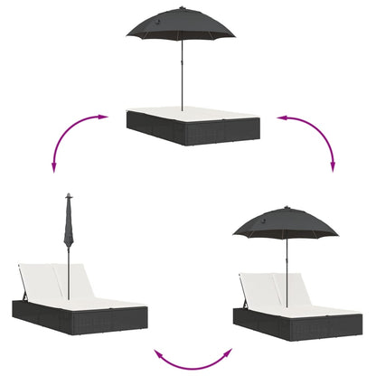Doppel-Sonnenliege Mit Kissen&Sonnenschirm Poly Rattan