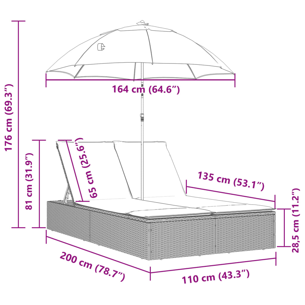 Doppel-Sonnenliege Mit Kissen&Sonnenschirm Poly Rattan