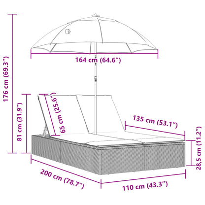 Doppel-Sonnenliege Mit Kissen&Sonnenschirm Poly Rattan
