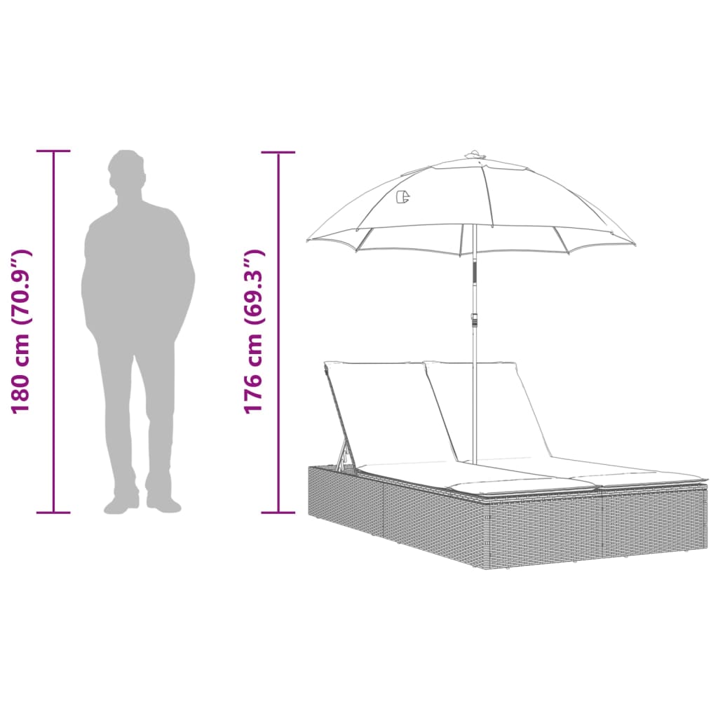 Doppel-Sonnenliege Mit Kissen&Sonnenschirm Poly Rattan