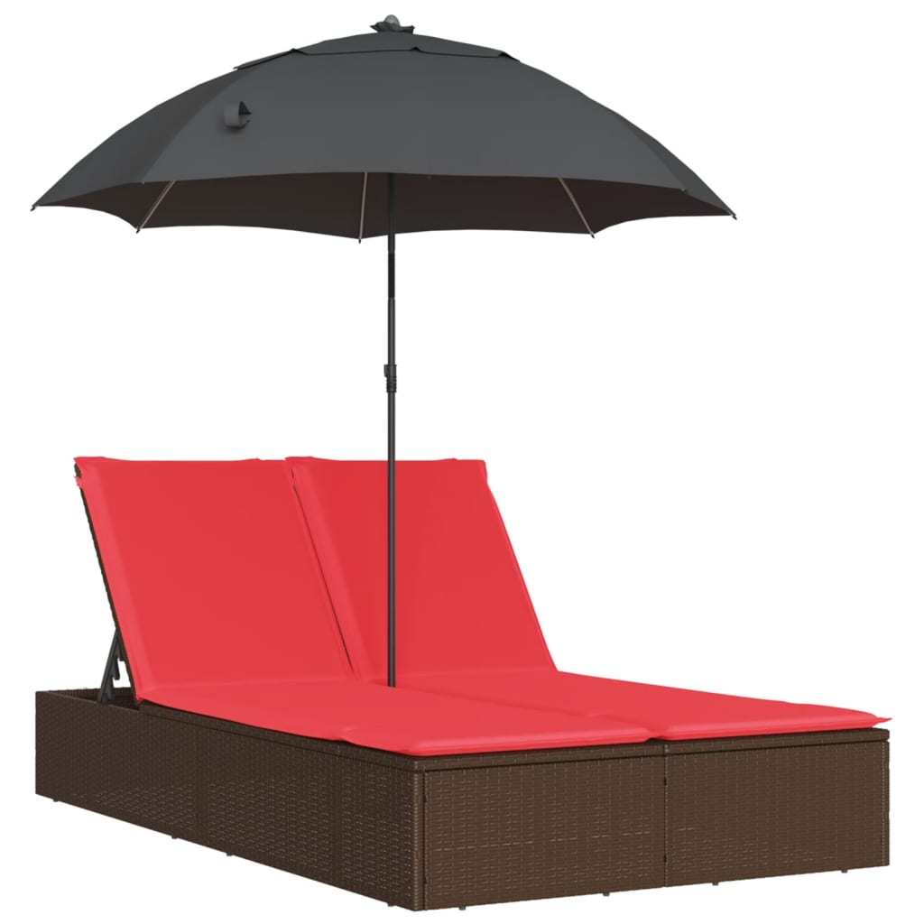 Doppel-Sonnenliege Mit Kissen & Sonnenschirm Poly Rattan
