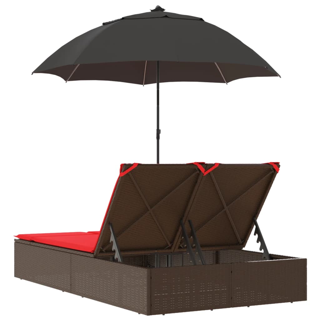 Doppel-Sonnenliege Mit Kissen & Sonnenschirm Poly Rattan