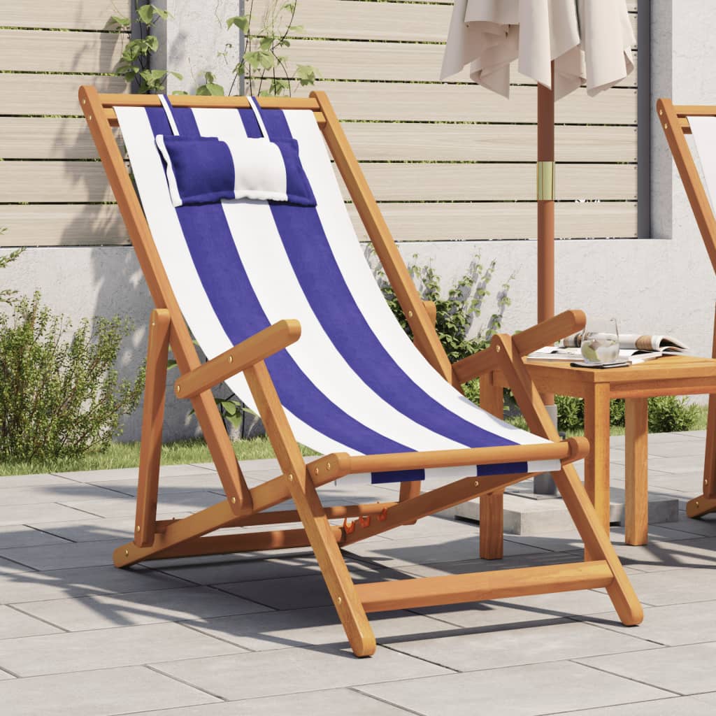 Strandstuhl Klappbar Blau Weiß Massivholz Eukalyptus Und Stoff