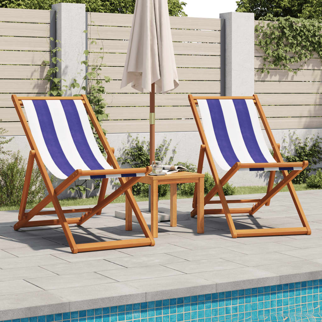 Strandstuhl Klappbar Blau Weiß Massivholz Eukalyptus Und Stoff