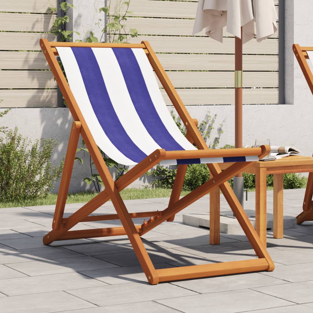 Strandstuhl Klappbar Blau Weiß Massivholz Eukalyptus Und Stoff