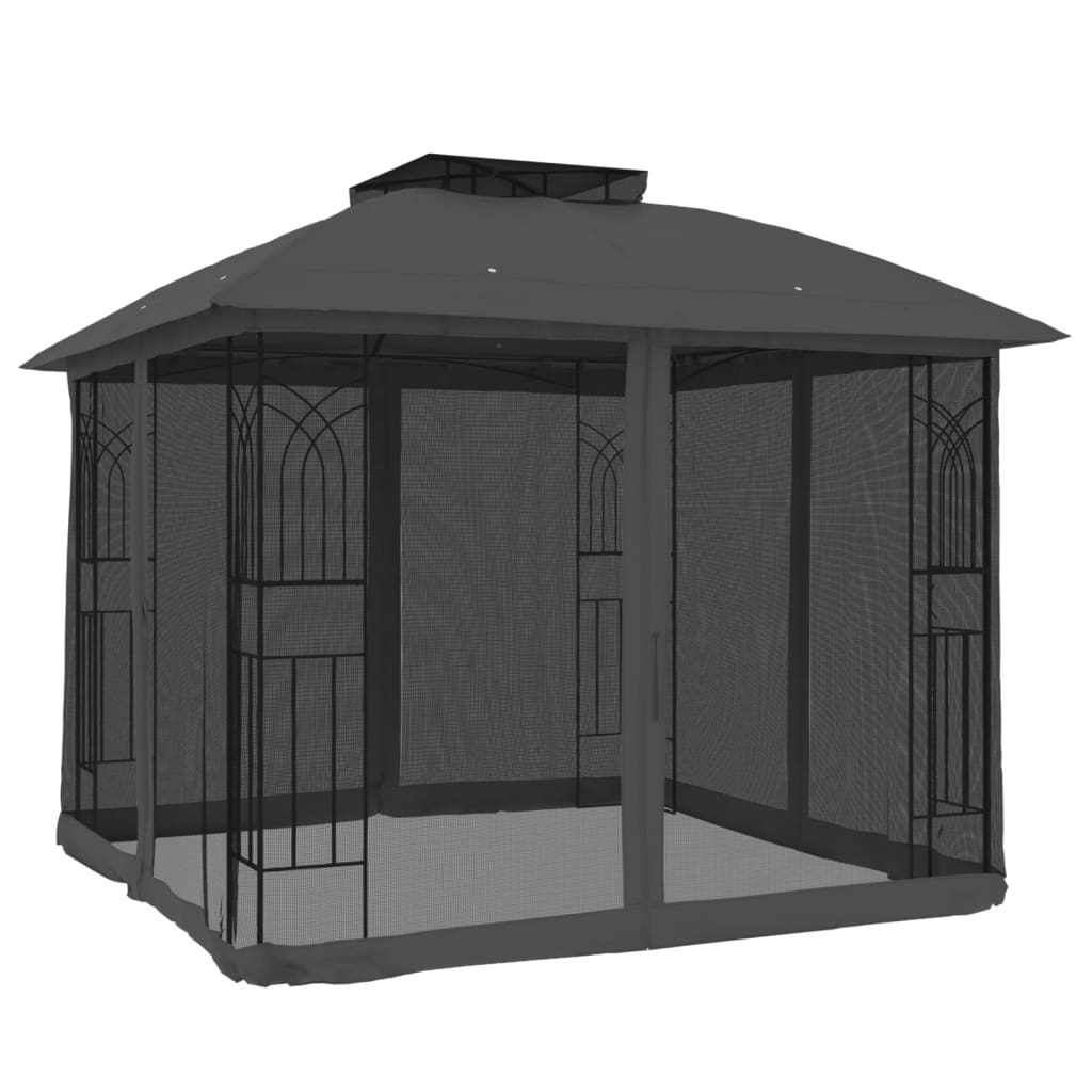 Pavillon Mit Doppeldach & Netzwänden Anthrazit 2,94X2,94M Stahl