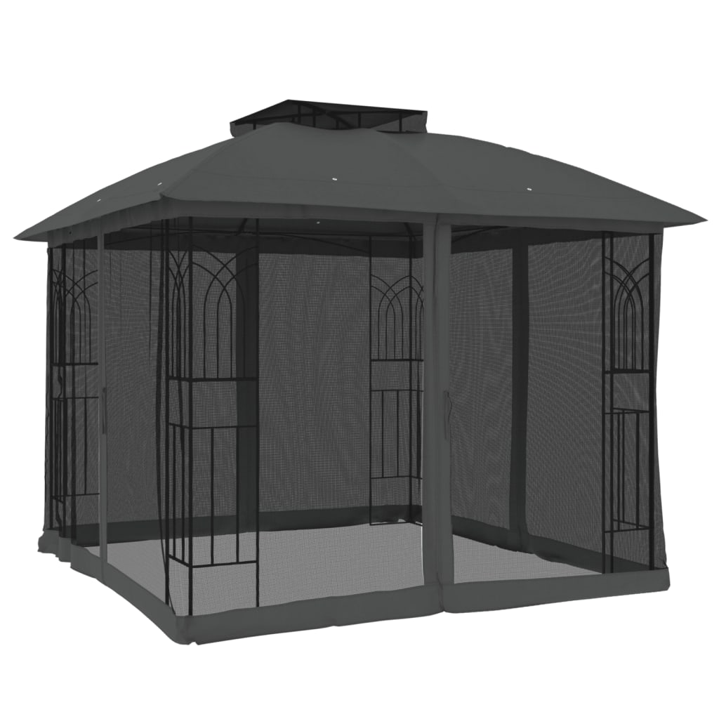 Pavillon Mit Doppeldach & Netzwänden Anthrazit 2,94X2,94M Stahl