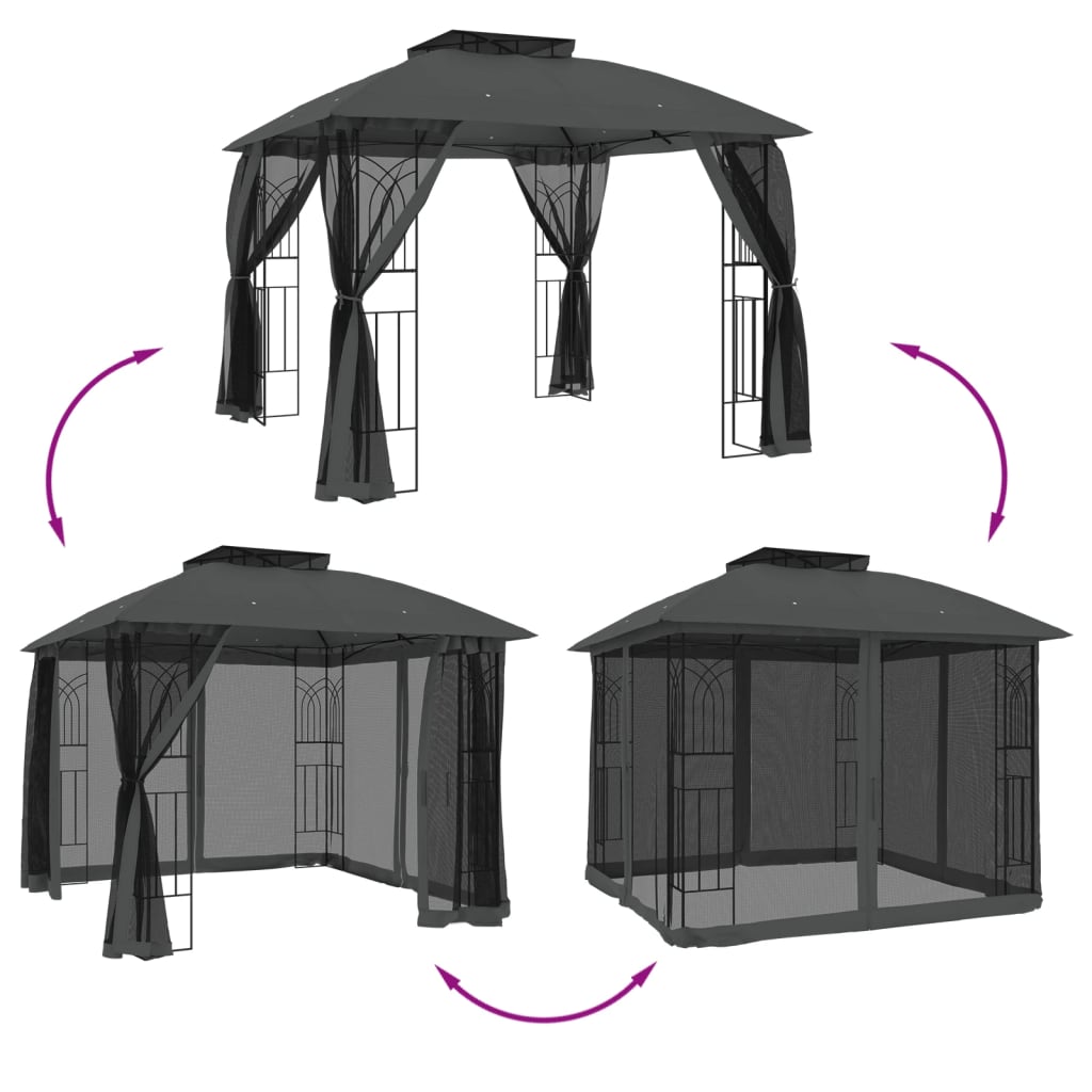 Pavillon Mit Doppeldach & Netzwänden Anthrazit 2,94X2,94M Stahl