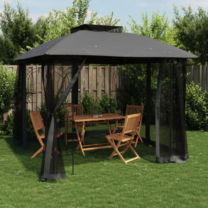 Pavillon Mit Doppeldach & Netzwänden Anthrazit 2,94X2,94M Stahl