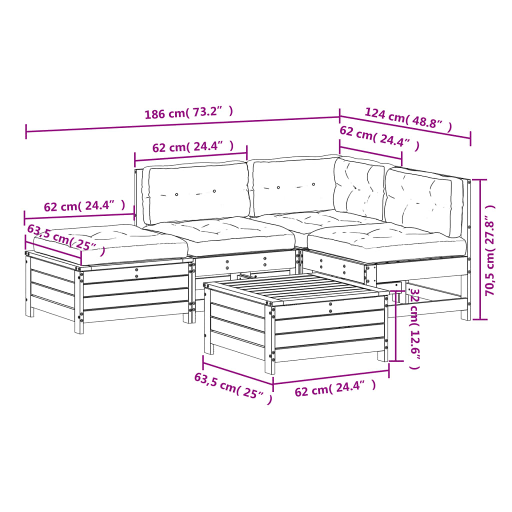 5-Tlg. Garten-Lounge-Set Mit Kissen Massivholz Kiefer