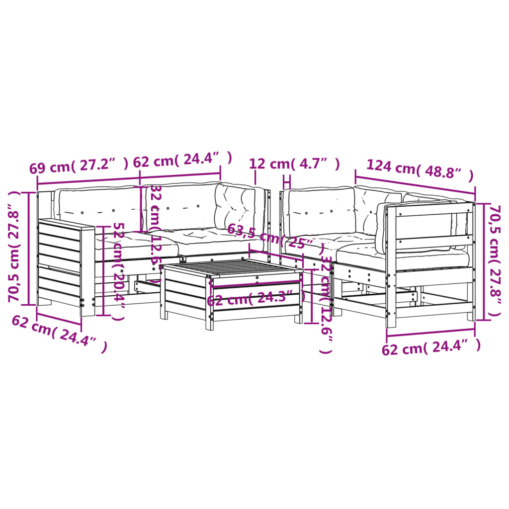 5-Tlg. Garten-Lounge-Set Mit Kissen Massivholz Kiefer