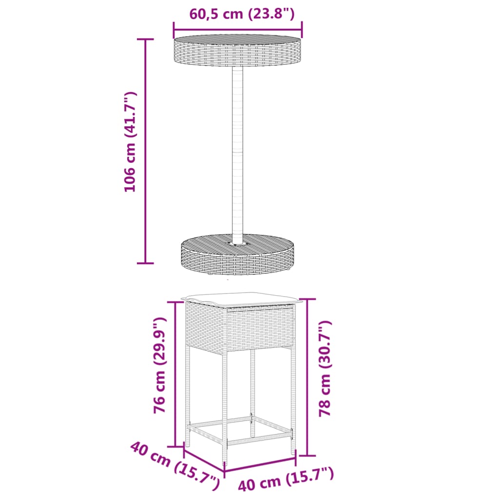3-Tlg. Gartenbar-Set Mit Kissen Poly Rattan