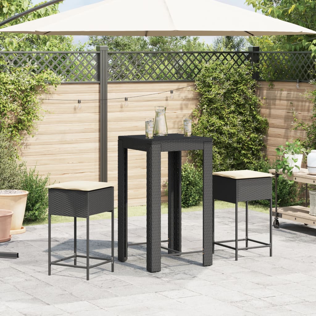 3-Tlg. Gartenbar-Set Mit Kissen Poly Rattan