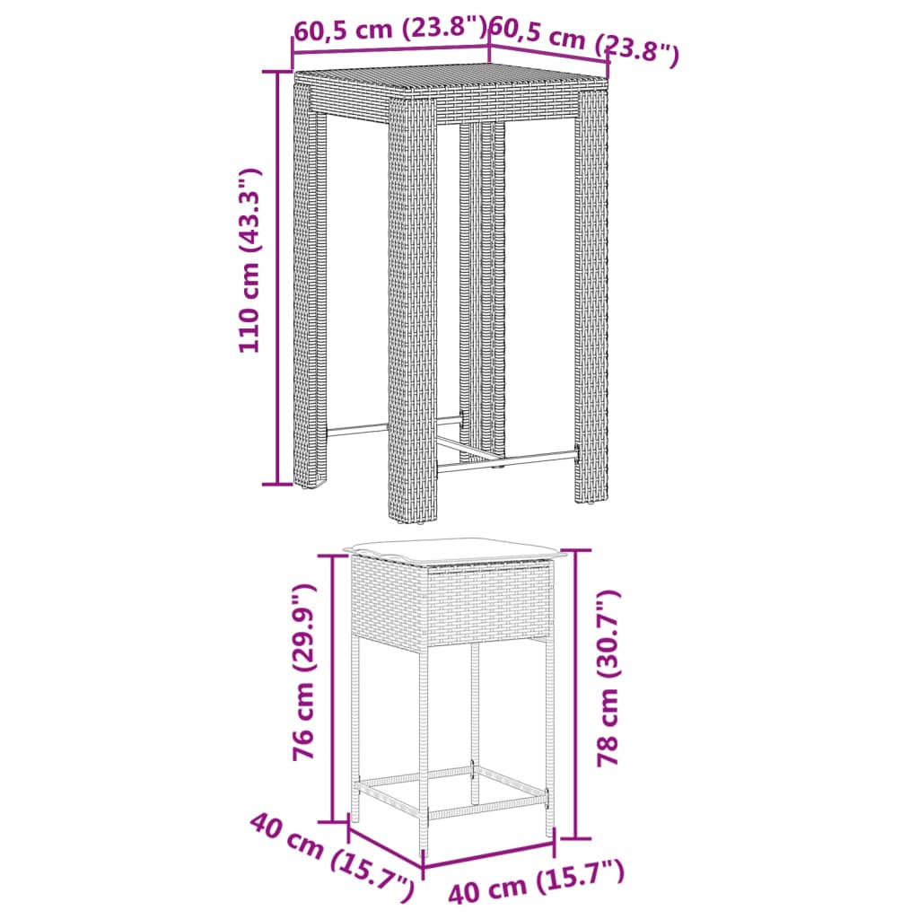 3-Tlg. Gartenbar-Set Mit Kissen Poly Rattan
