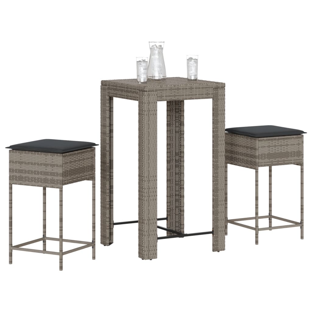 3-Tlg. Gartenbar-Set Mit Kissen Poly Rattan