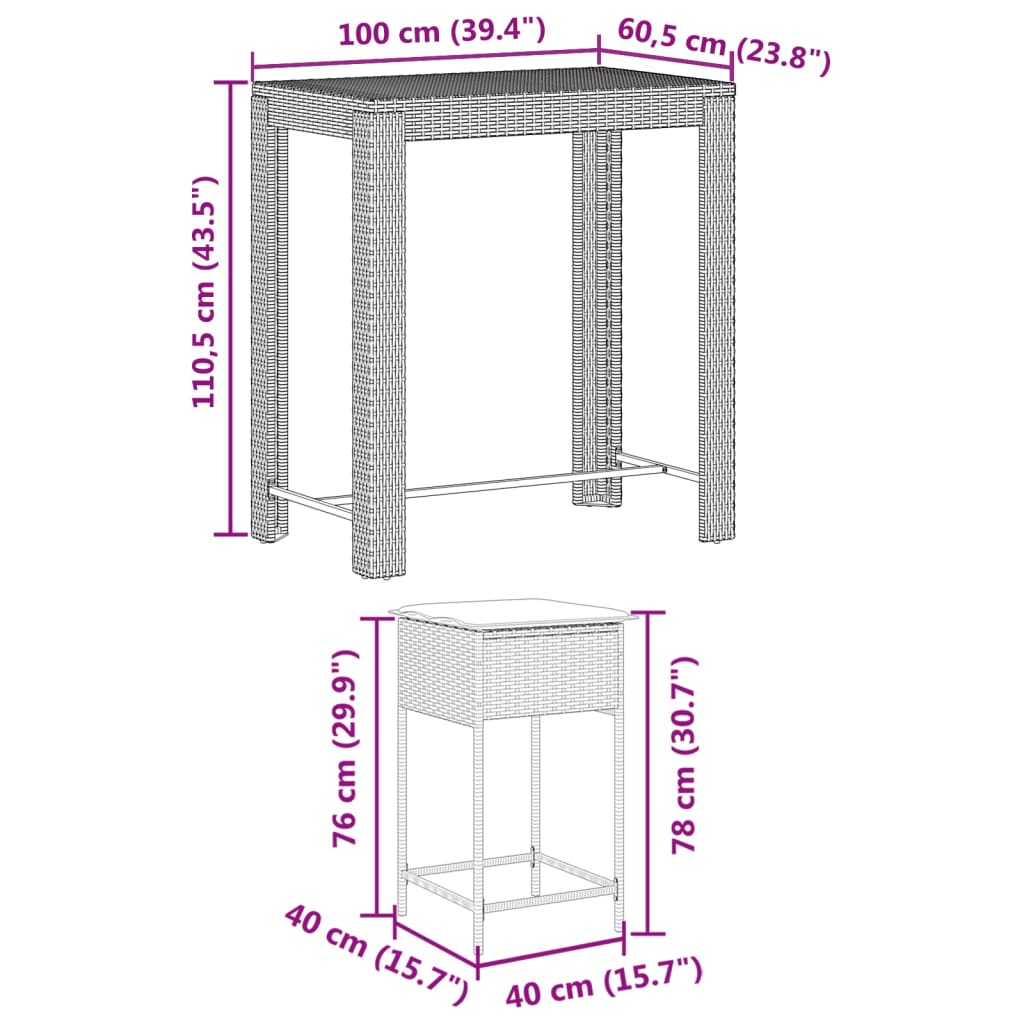 5-Tlg. Gartenbar-Set Mit Kissen Poly Rattan