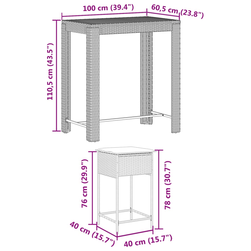 5-Tlg. Gartenbar-Set Mit Kissen Poly Rattan