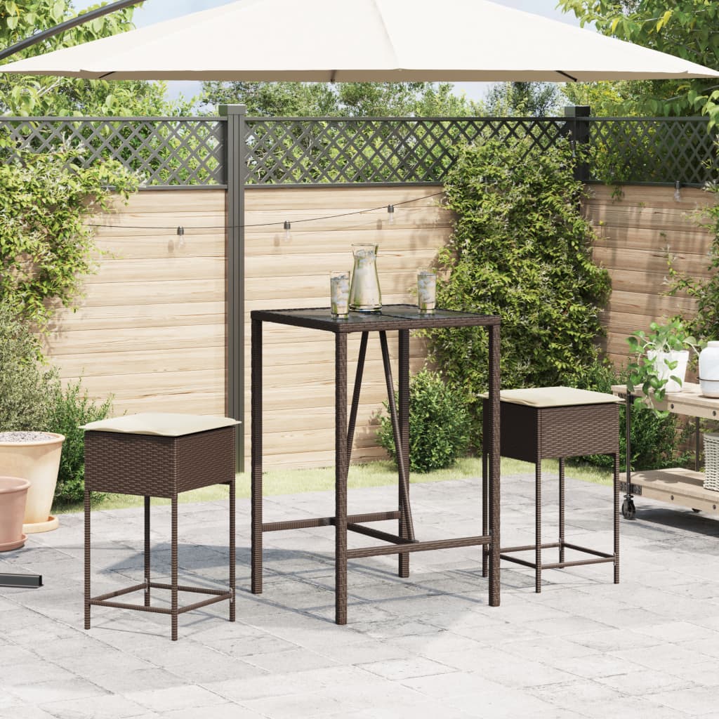 3-Tlg. Gartenbar-Set Mit Kissen Poly Rattan