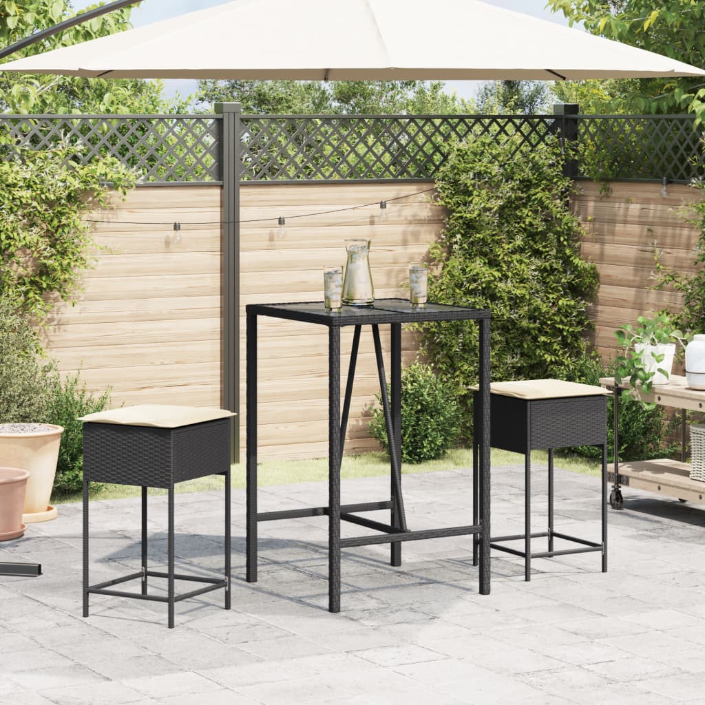 3-Tlg. Gartenbar-Set Mit Kissen Poly Rattan