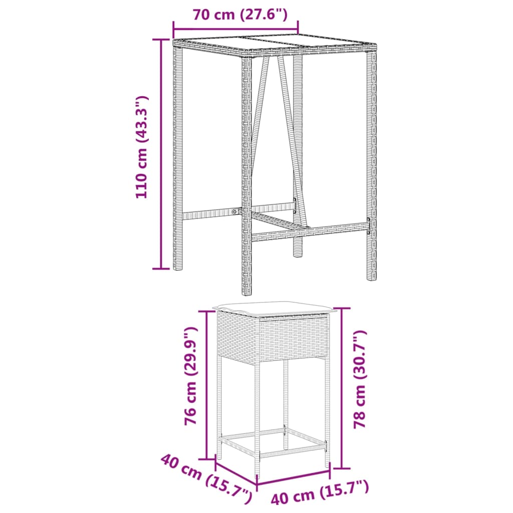 3-Tlg. Gartenbar-Set Mit Kissen Poly Rattan