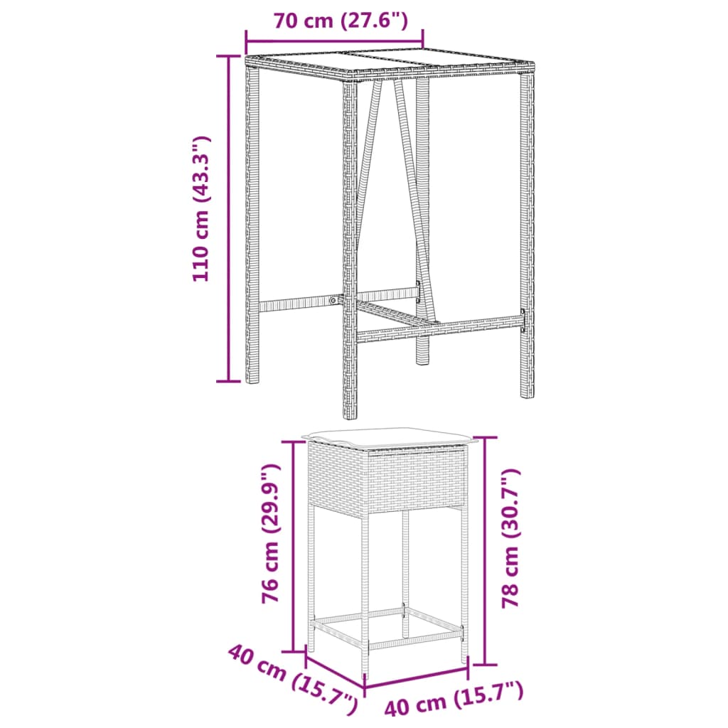 3-Tlg. Gartenbar-Set Mit Kissen Poly Rattan