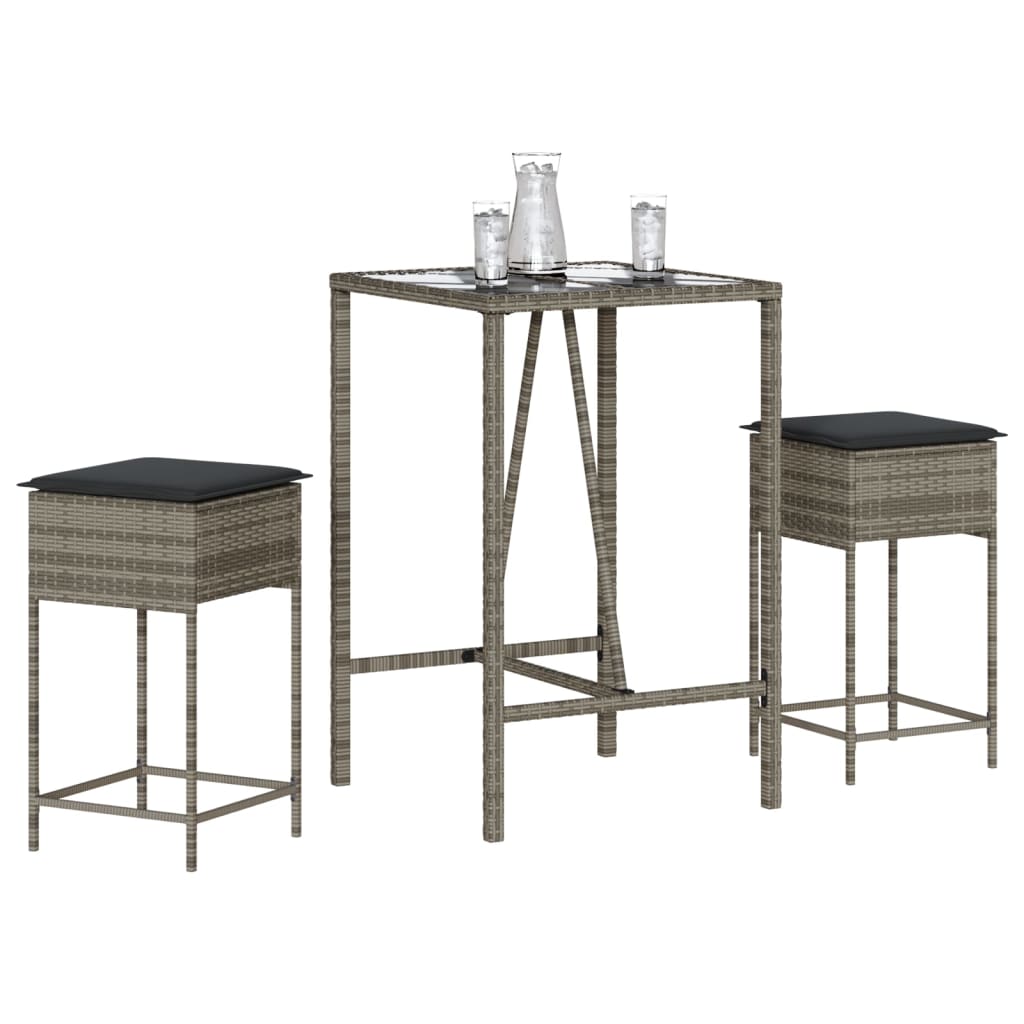 3-Tlg. Gartenbar-Set Mit Kissen Poly Rattan