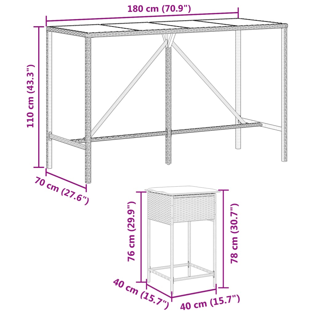 9-Tlg. Gartenbar-Set Mit Kissen Poly Rattan