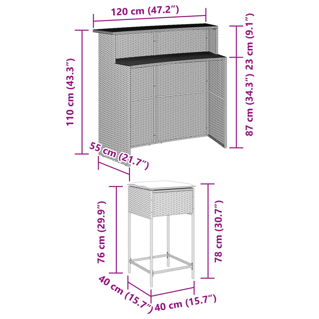 3-Tlg. Gartenbar-Set Mit Kissen Poly Rattan