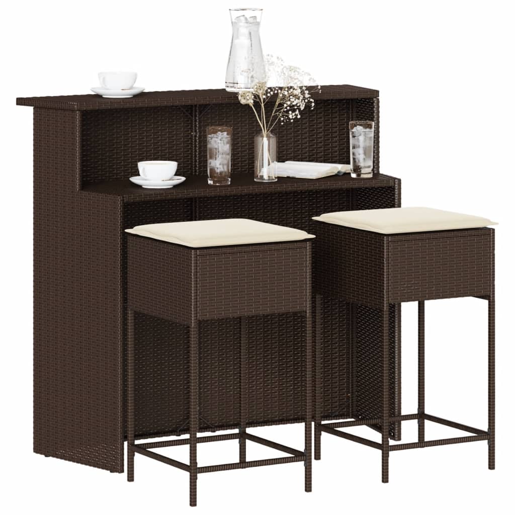 3-Tlg. Gartenbar-Set Mit Kissen Poly Rattan